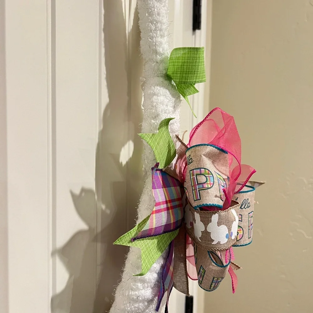 White Fluffy Yarn & Ribbon Bunny Wreath for Easter 19”L #8